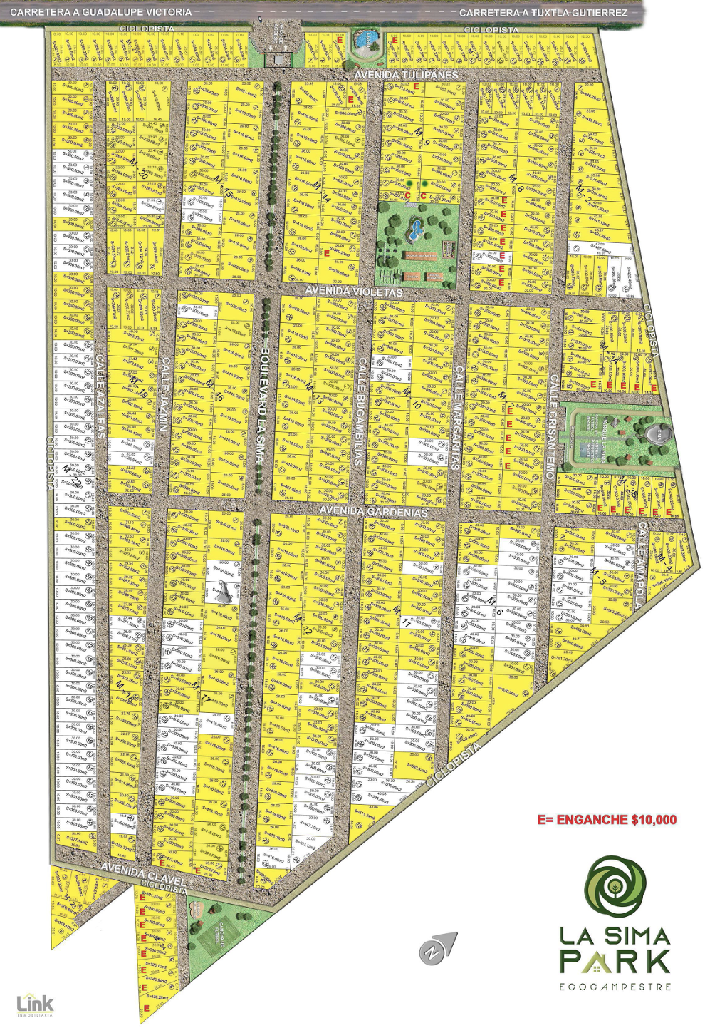 Plano de los terrenos disponibles en blanco. Loas amarillos ya se vendiero, corre por el tuyo